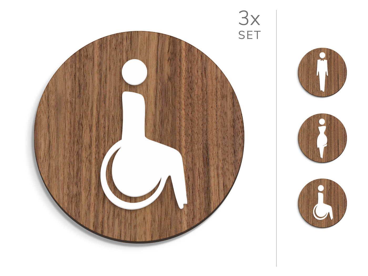 Elegant, 3x Round Base - Restroom Signs Set - Man, Woman, Disabled