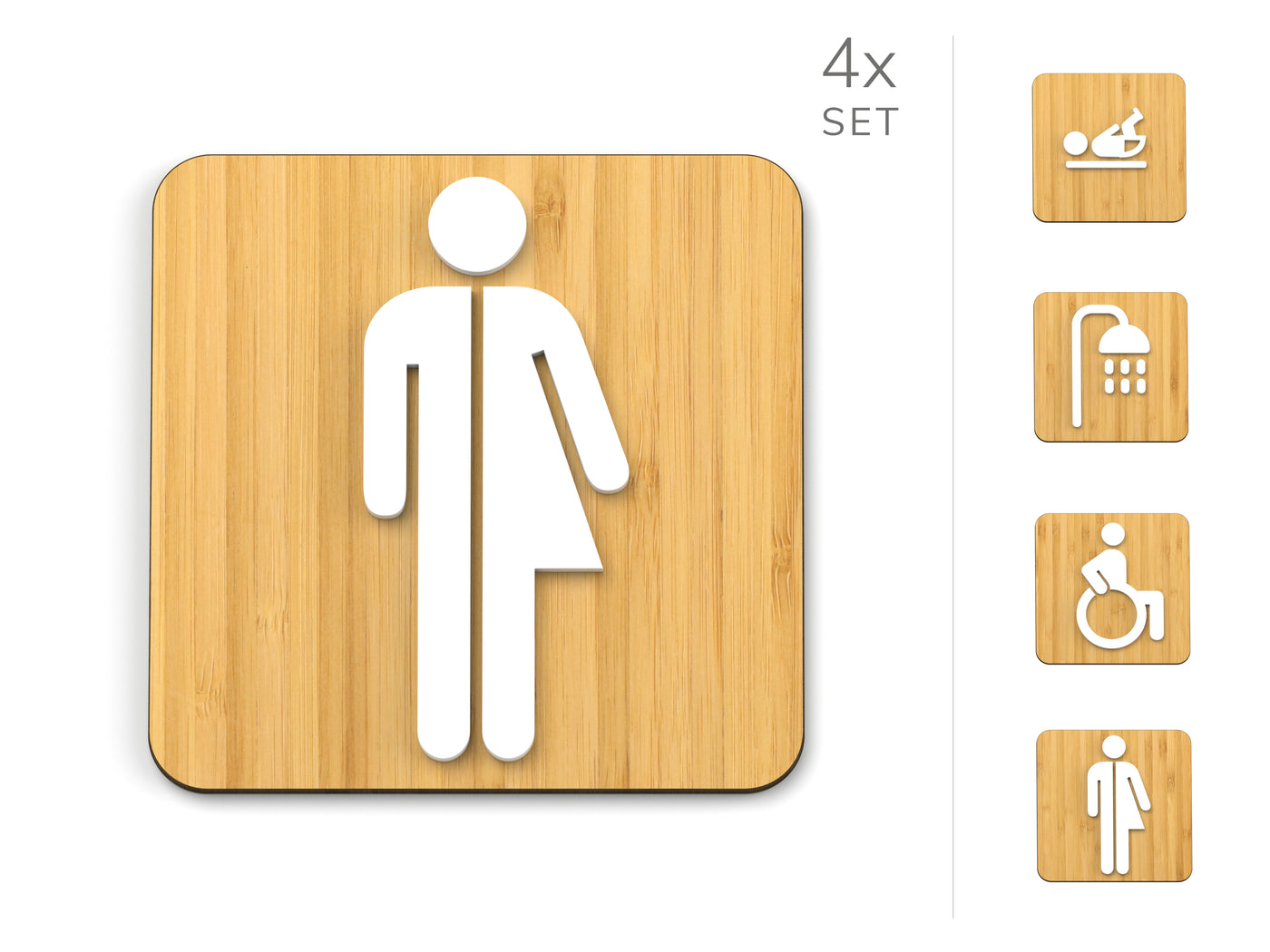 Klassisch, 4x Quadratbasis - Set inklusiver Toilettenschilder - Genderneutral, Behindert, Wickelraum, Dusche