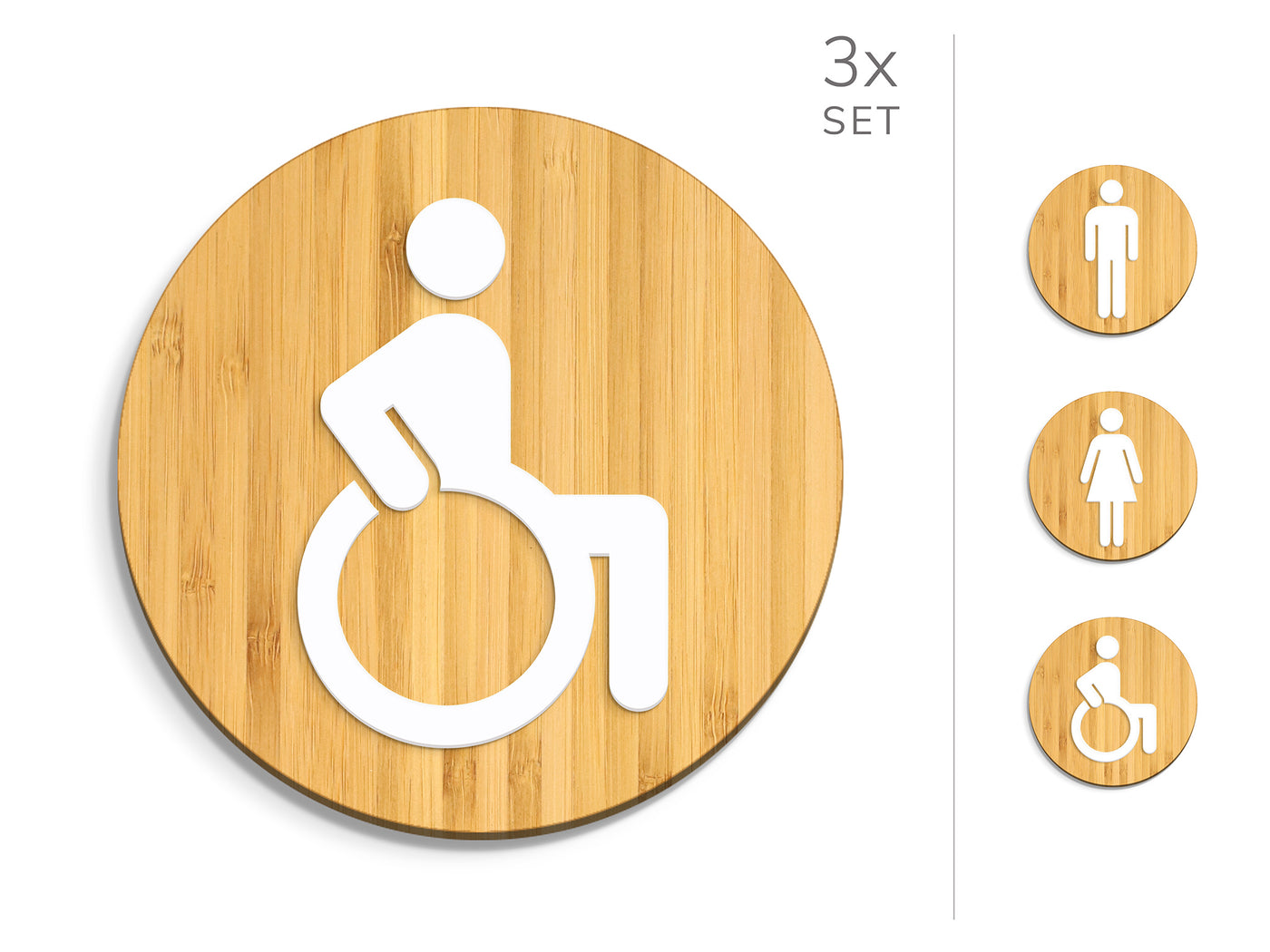 Classic, 3x Round Base - Restroom Signs Set - Man, Woman, Disabled