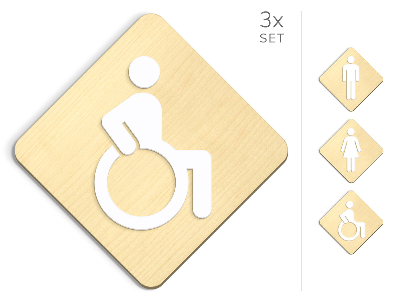 Classic, 3x Base Romboidale - Set targhe per bagno, segnaletica servizi igienici - Uomo, Donna, Disabili