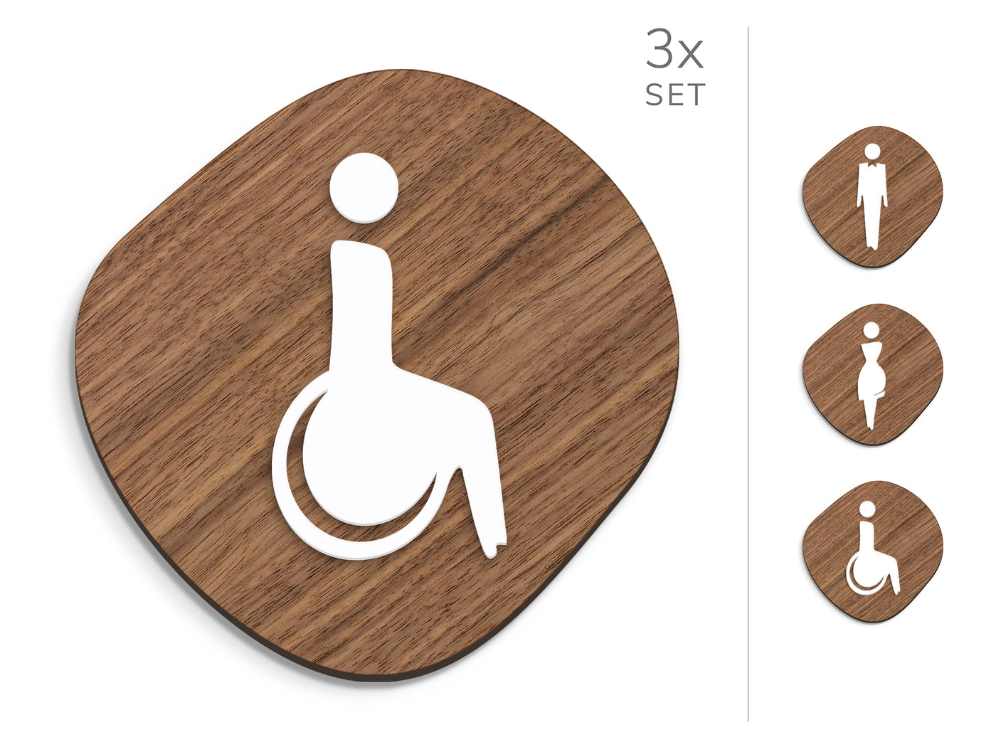 Elegant, 3x Base a forma di Pietra - Set targhe per bagno, segnaletica servizi igienici - Uomo, Donna, Disabili