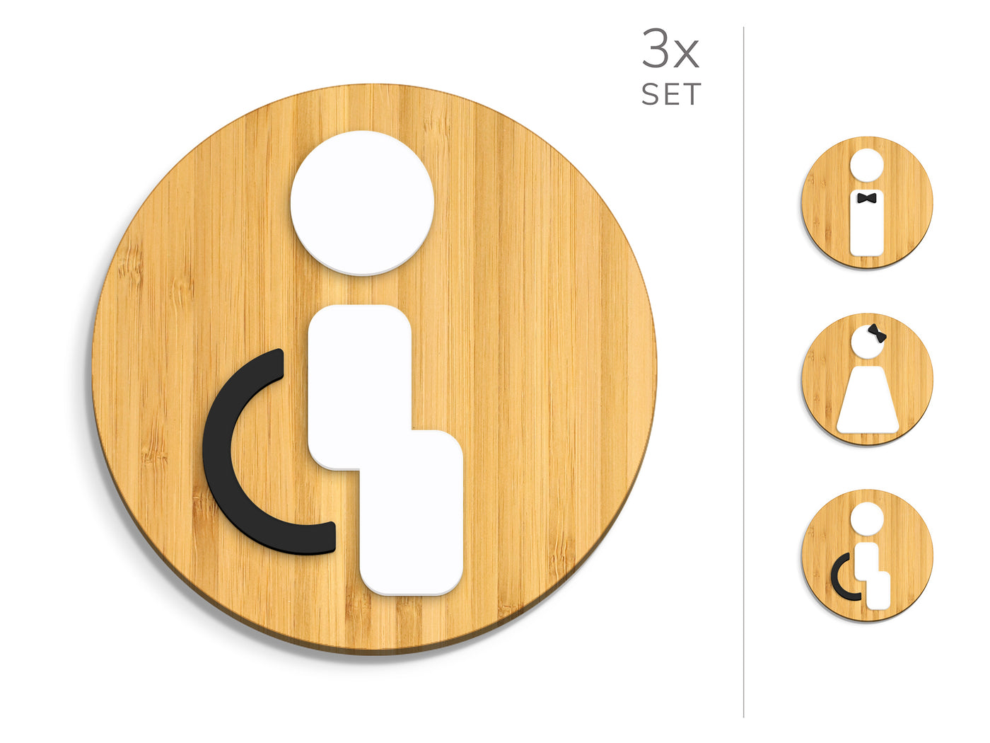 Styled knot, 3x Round Base - Restroom Signs Set - Man, Woman, Disabled