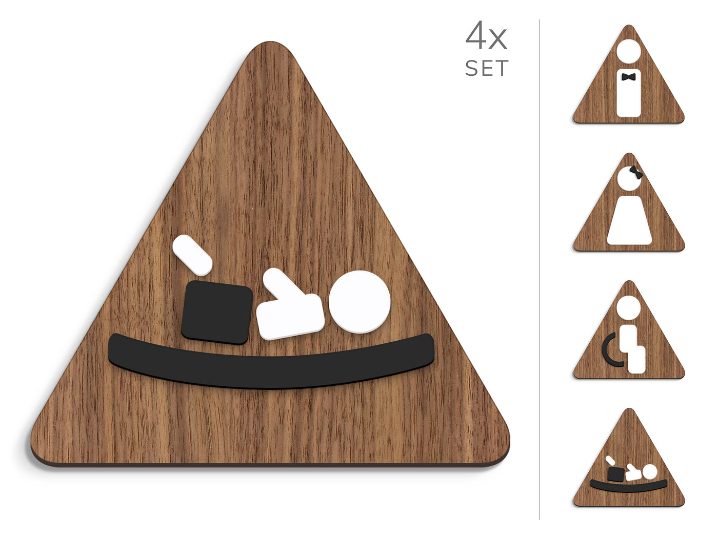 Styled knot, 4x Triangle Base - Restroom Signs Set - Man, Woman, Disabled, Changing table