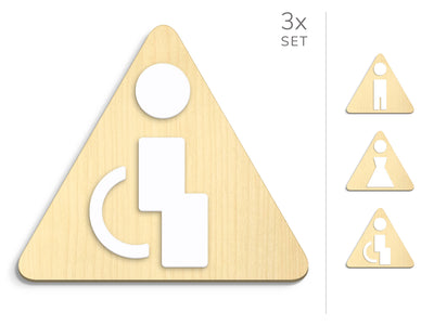 Polygonal, 3x Base Triangular - Juego de letreros de aseo, Carteles de baño - Hombre, Mujer, Discapacitados