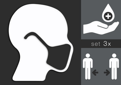 Symboles de précautions de sécurité et d'hygiène, Set 3x - Porter un masque, se laver les mains, respecter la distance sociale