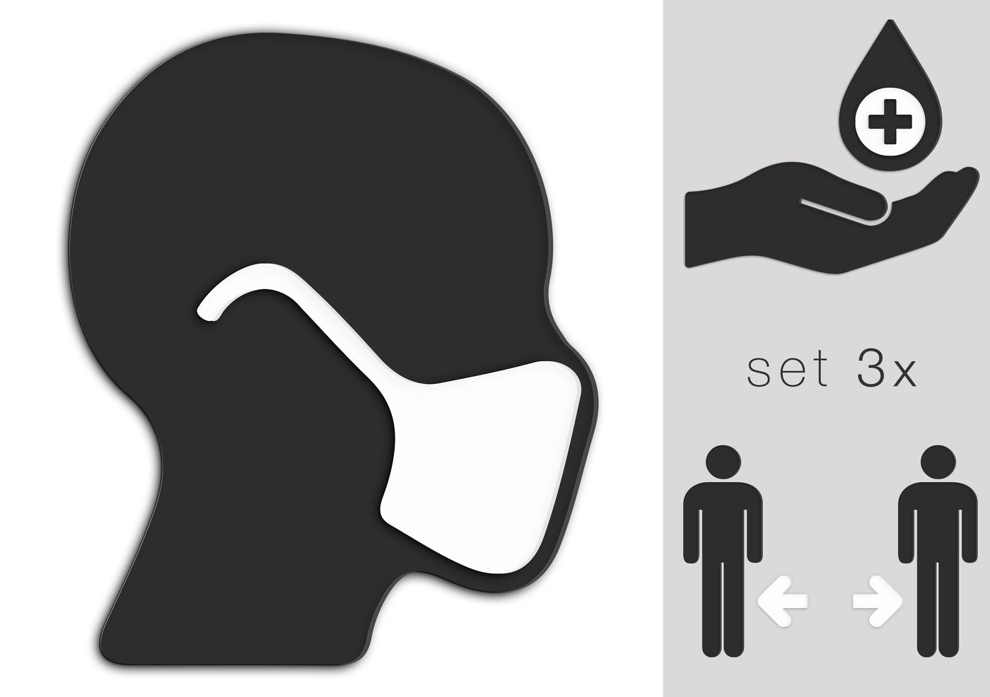 Símbolos Precauciones de seguridad e higiene, Set 3x - Usar máscara, lavarse las manos, respetar el distanciamiento social
