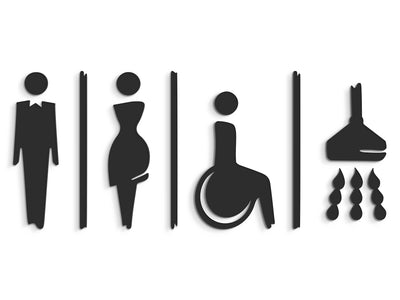 Elegant, Set 4x - Embossed Adhesive Symbols, Signage for Toilets -  Man, Woman, Disabled, Shower restroom
